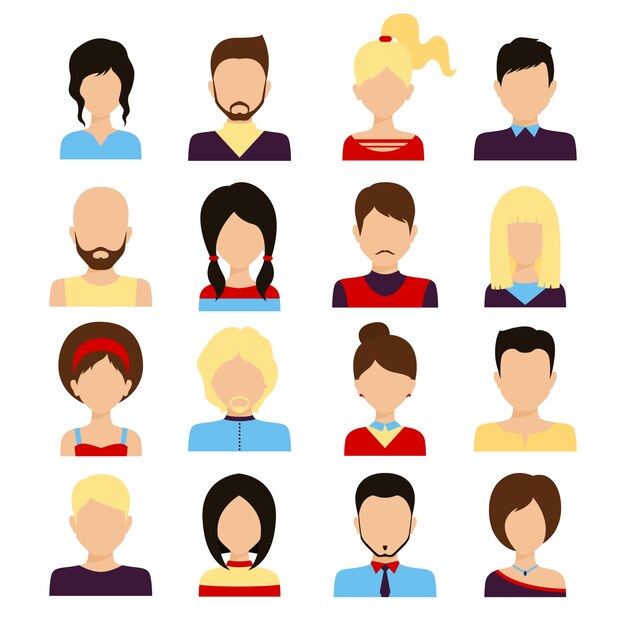 Gente avatar macho y hembra caras humanas iconos de redes sociales conjunto ilustración vectorial aislado