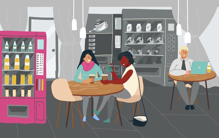 Vector gratuito gente bebiendo café y tomando bocadillos en una cafetería o comedor con máquinas expendedoras ilustración vectorial plana