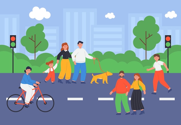 Gente caminando por la calle de la ciudad ilustración vectorial plana. Ciclista femenina montando bicicleta o bicicleta, familia con perro paseando a un niño, mujer corriendo. Parque en segundo plano. Actividad al aire libre, concepto de ciudad