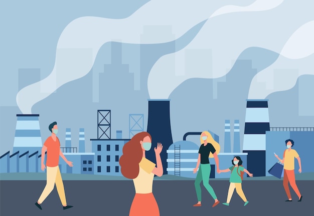 Gente caminando por la calle en máscaras aisladas ilustración plana. personajes de dibujos animados que protegen de las emisiones atmosféricas y el smog de la planta industrial