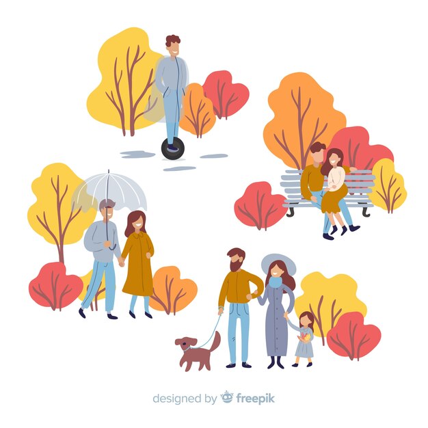 Gente caminando en el diseño plano del parque otoño