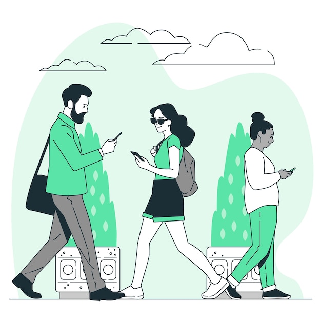 Gente caminando y mirando la ilustración del concepto de teléfono