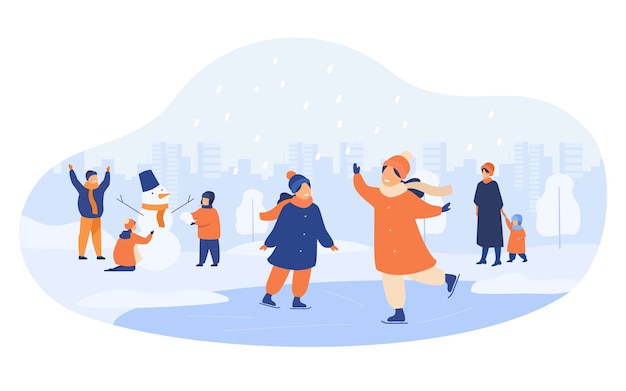 Gente caminando en el parque de invierno aislado ilustración vectorial plana. dibujos animados de hombres, mujeres y niños patinando sobre hielo y haciendo muñeco de nieve.