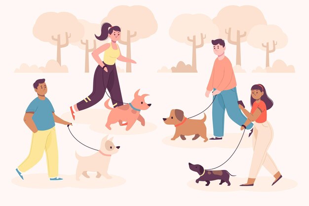 Gente caminando en el parque con sus perros