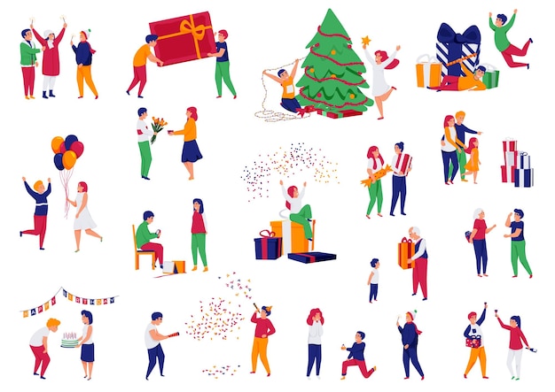 La gente de celebración feliz vuelve a colorear un conjunto de personajes humanos aislados con cajas de regalo, globos, confeti y flores, ilustración vectorial