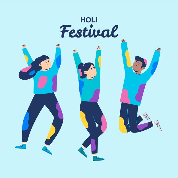 Gente celebrando el festival holi sobre fondo azul
