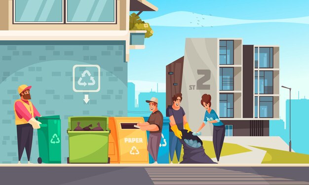 Gente clasificando basura en diferentes contenedores y bolsas en el fondo con la ilustración de dibujos animados de los edificios de la ciudad