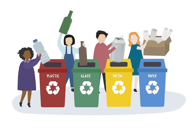 Vector gratuito gente clasificando la basura en papeleras de reciclaje
