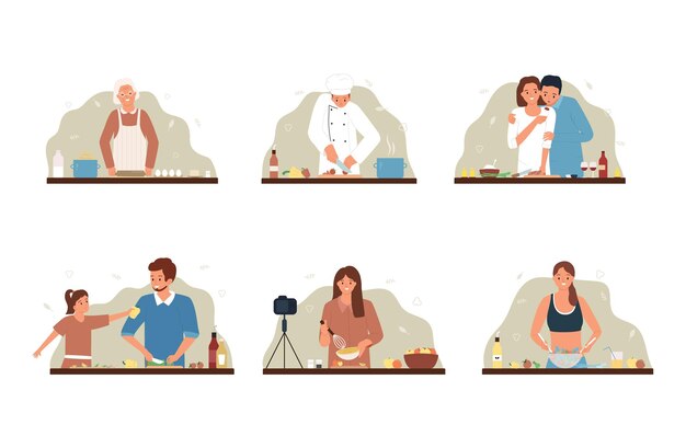 Gente de cocina plana con chef profesional blogger de comida y personajes de ama de casa preparando comida saludable ilustración vectorial aislada