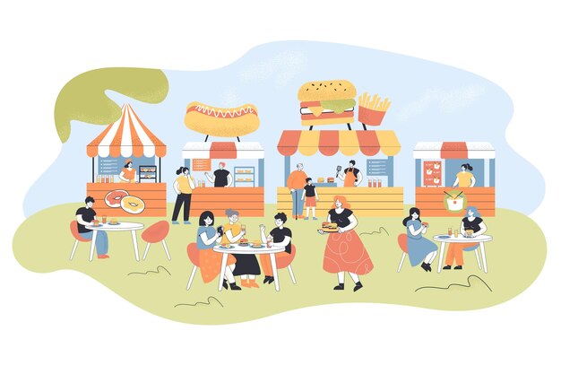 Gente comiendo en el patio de comidas. Ilustración plana