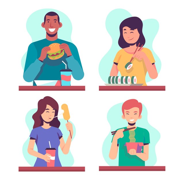 Gente comiendo su comida en la mesa