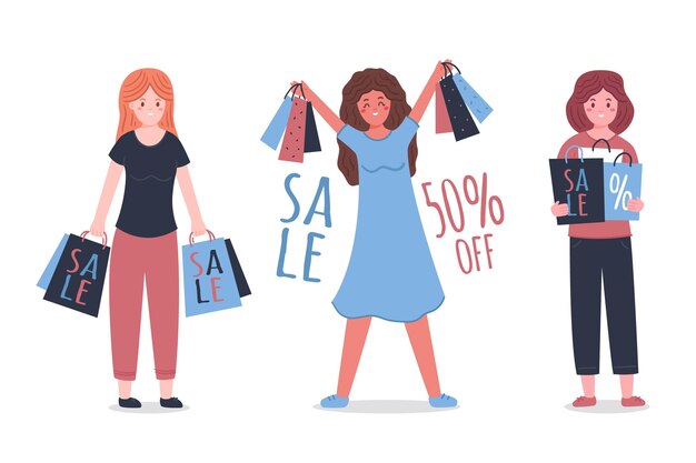 Gente comprando y sosteniendo bolsas.