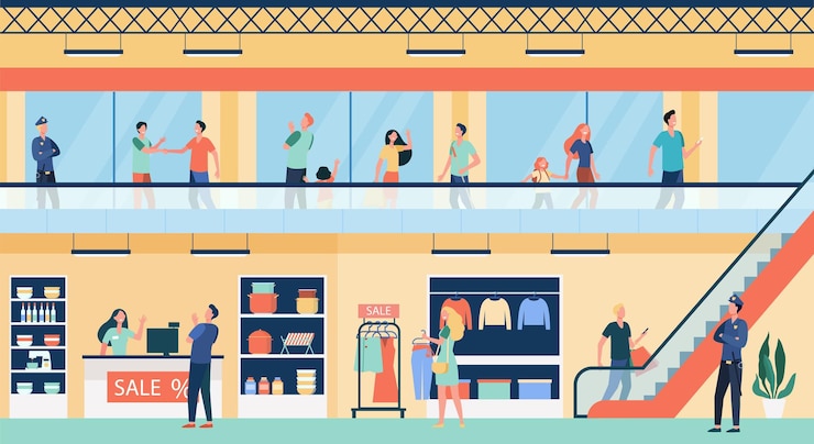 Vector gratuito gente de compras en la ilustración plana del centro comercial de la ciudad. compradores de dibujos animados caminando dentro de un edificio comercial o una tienda.