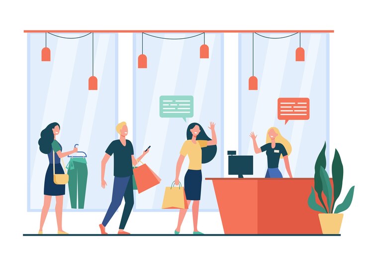 Vector gratuito gente de compras en la tienda y esperando en línea o cola ilustración vectorial plana. vendedor de dibujos animados de pie y saludando a los clientes. concepto de venta, descuento y oferta especial.
