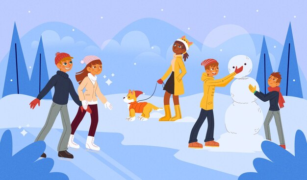 Gente construyendo un muñeco de nieve al aire libre.