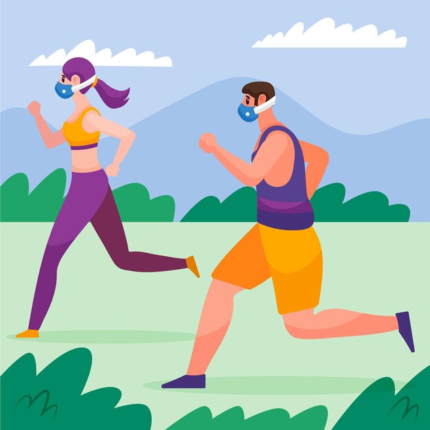 Gente corriendo en el parque con máscaras médicas