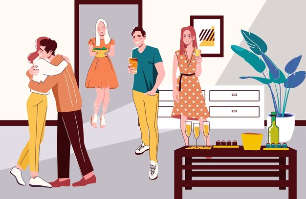 La gente da la bienvenida a los invitados en su casa abrazándolos y tratándolos con bebidas y bocadillos ilustraciones vectoriales planas