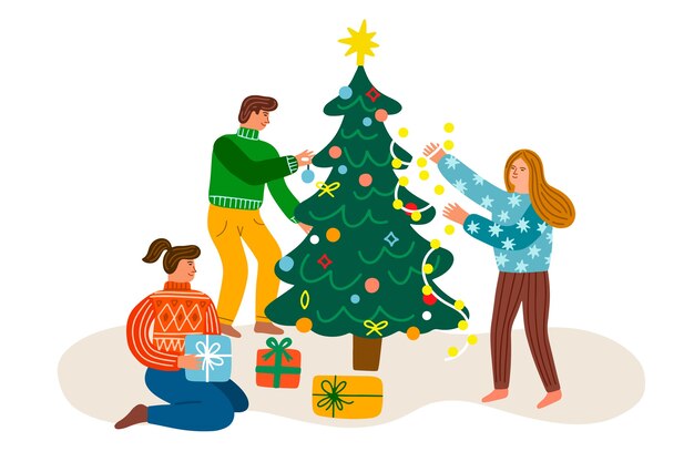 Gente decorando árbol festivo