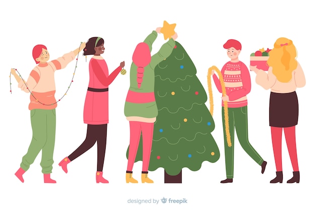 Vector gratuito gente decorando el árbol de navidad juntos