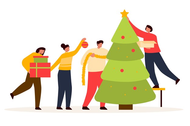 Gente decorando el árbol de navidad juntos