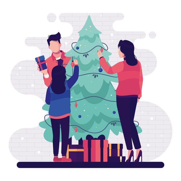 Gente decorando el árbol de navidad con luces de cadena y regalos