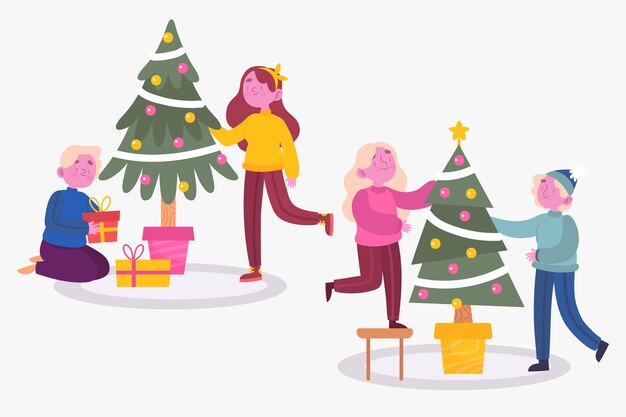 Gente decorando el árbol de Navidad