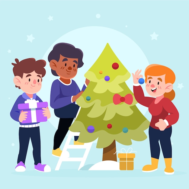 Vector gratuito gente decorando el árbol de navidad