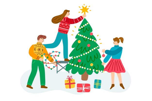Gente decorando el árbol de navidad