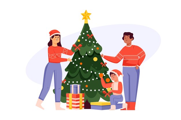 Gente decorando el árbol de navidad