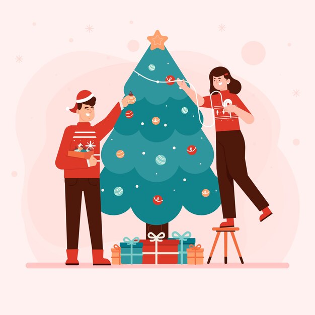 Gente decorando el árbol de Navidad
