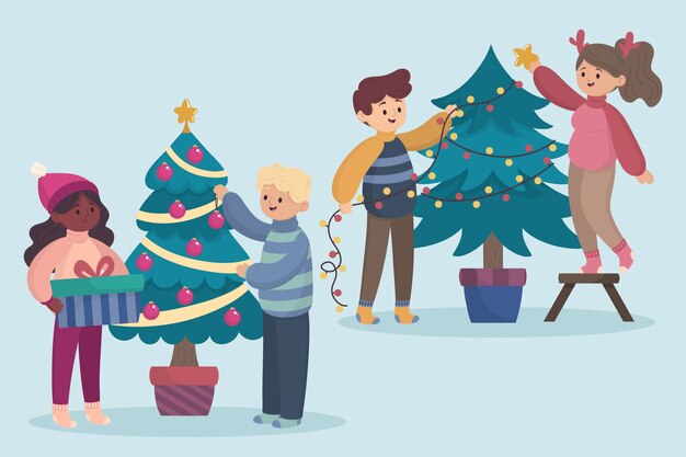 Gente decorando el árbol de navidad
