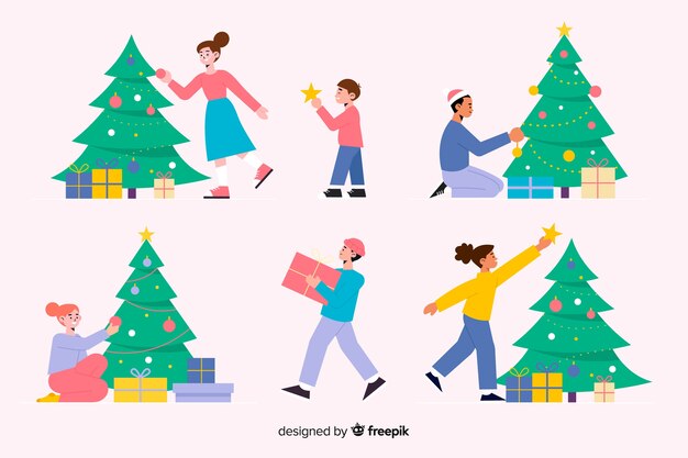 Gente decorando diseño plano del árbol de navidad