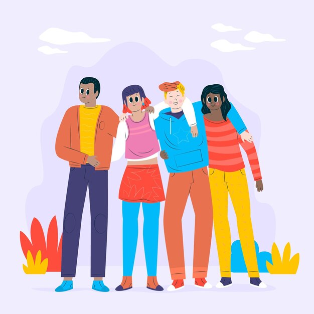 Gente del día de la juventud abrazándose juntos en diseño plano