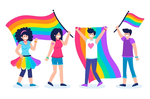 Vector gratuito gente del día del orgullo con banderas del arco iris