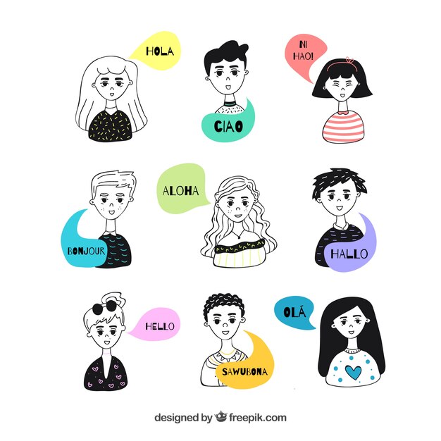Gente dibujada a mano con bocadillos de conversación en distintos idiomas