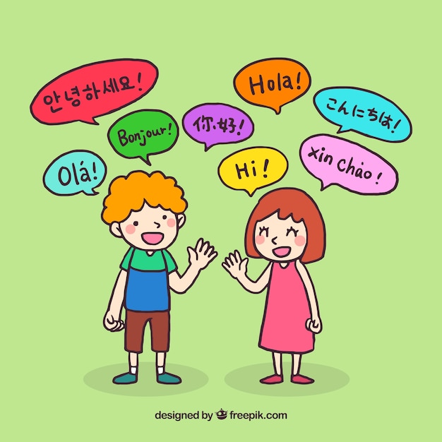 Gente dibujada a mano con bocadillos de conversación en distintos idiomas