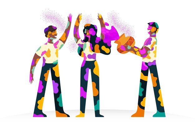 Gente dibujada a mano celebrando la ilustración del festival holi