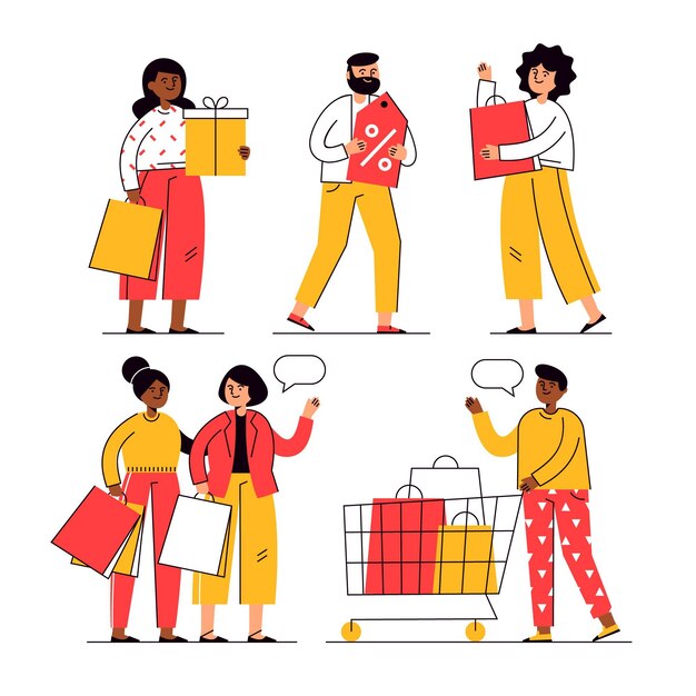 Gente dibujada a mano comprando en oferta