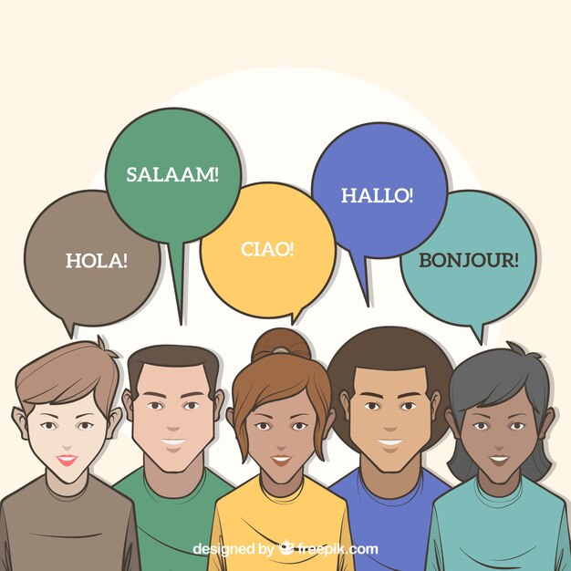 Gente dibujada a mano hablando distintos idiomas