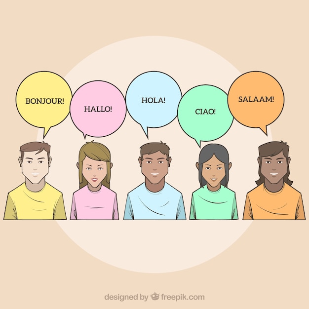 Gente dibujada a mano hablando distintos idiomas