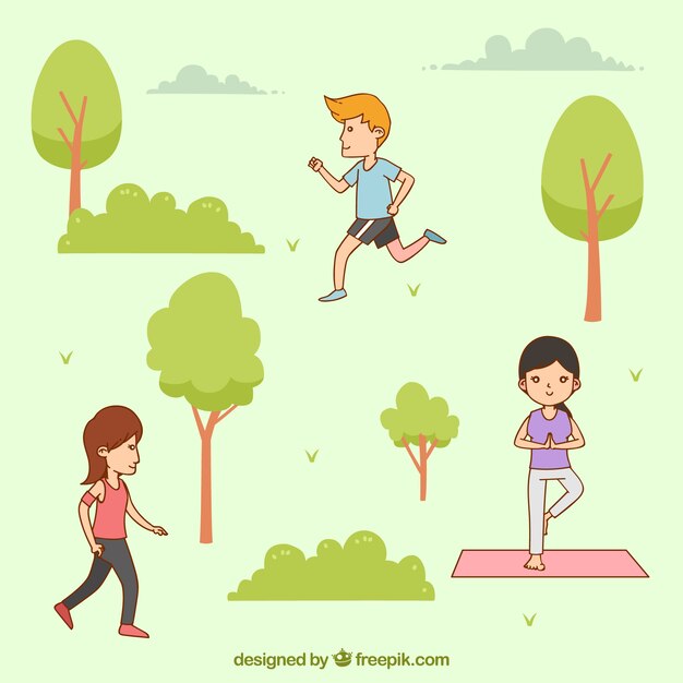 Gente dibujada a mano haciendo actividades al aire libre