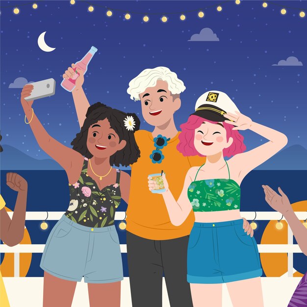 Gente dibujada a mano en la ilustración de la fiesta en barco