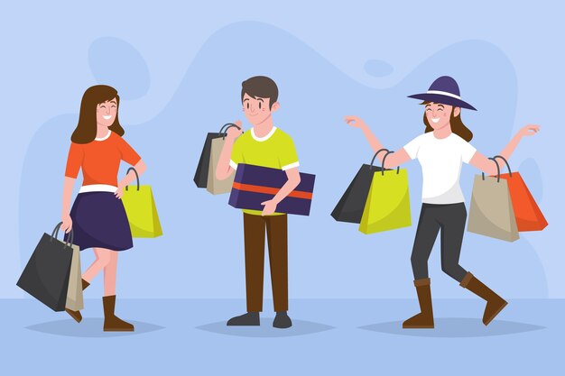 Gente dibujada a mano plana comprando en oferta