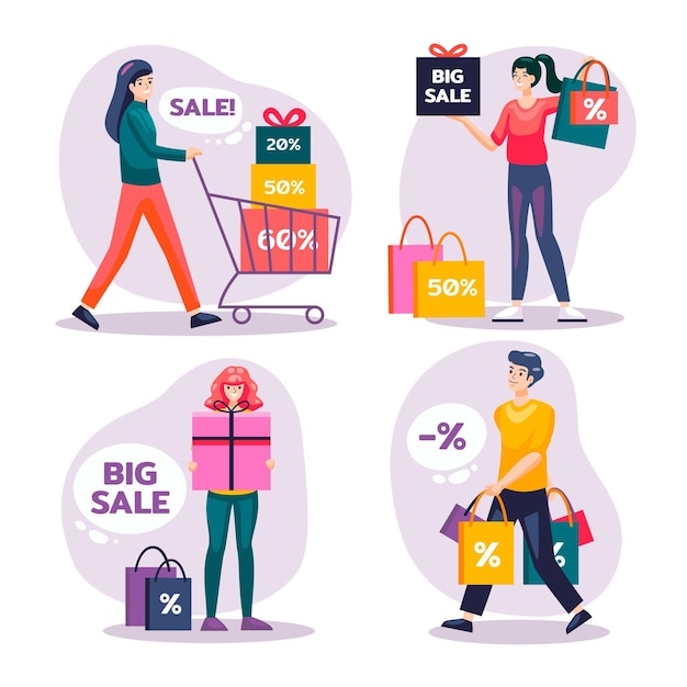 Gente dibujada a mano plana comprando en oferta