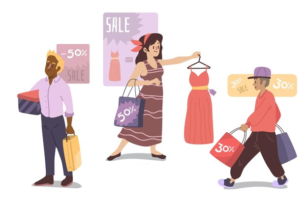 Gente dibujada a mano plana comprando