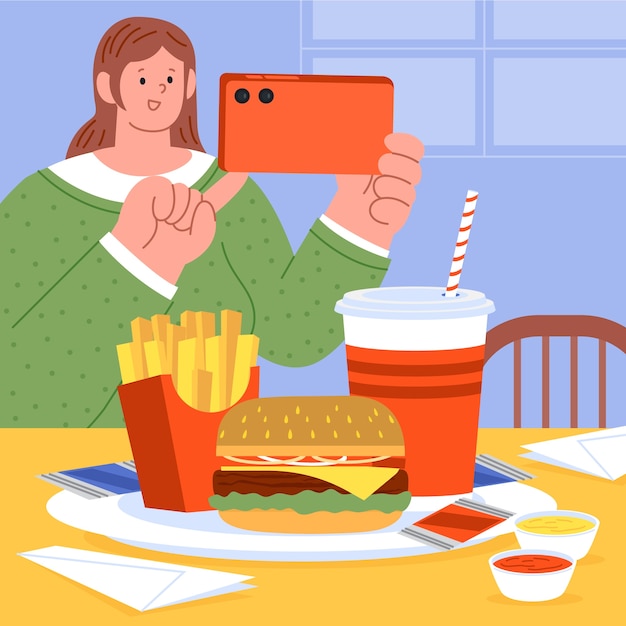 Gente dibujada a mano tomando fotos de ilustración de comida