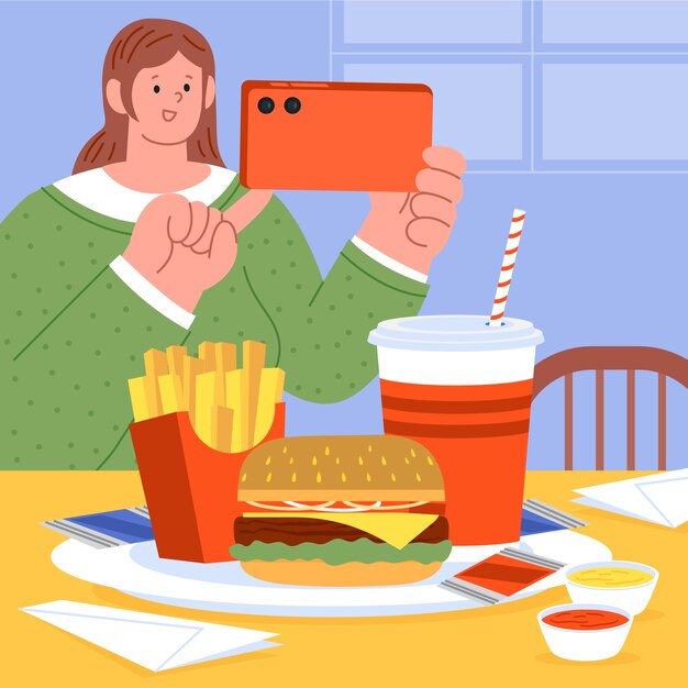 Gente dibujada a mano tomando fotos de ilustración de comida