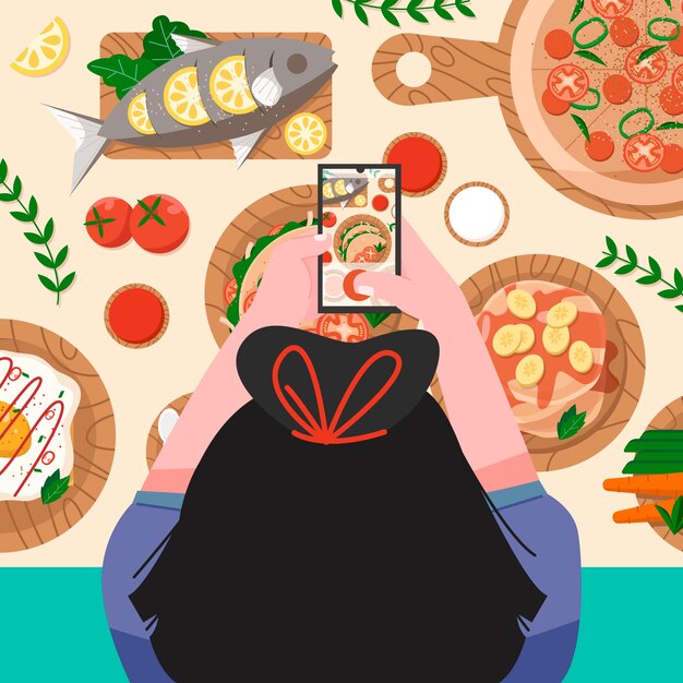 Gente dibujada a mano tomando fotos de ilustración de comida