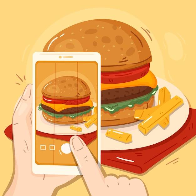 Vector gratuito gente dibujada a mano tomando fotos de ilustración de comida