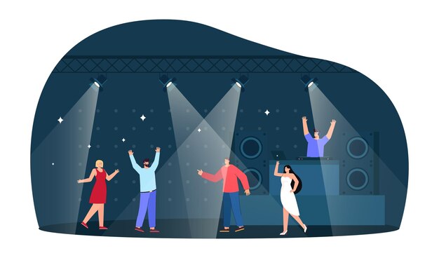 Gente de dibujos animados bailando en la discoteca en el club nocturno. Escena de club nocturno, DJ en la fiesta de baile ilustración vectorial plana. Fiesta, música, concepto de entretenimiento para banner, diseño de sitio web o página web de destino